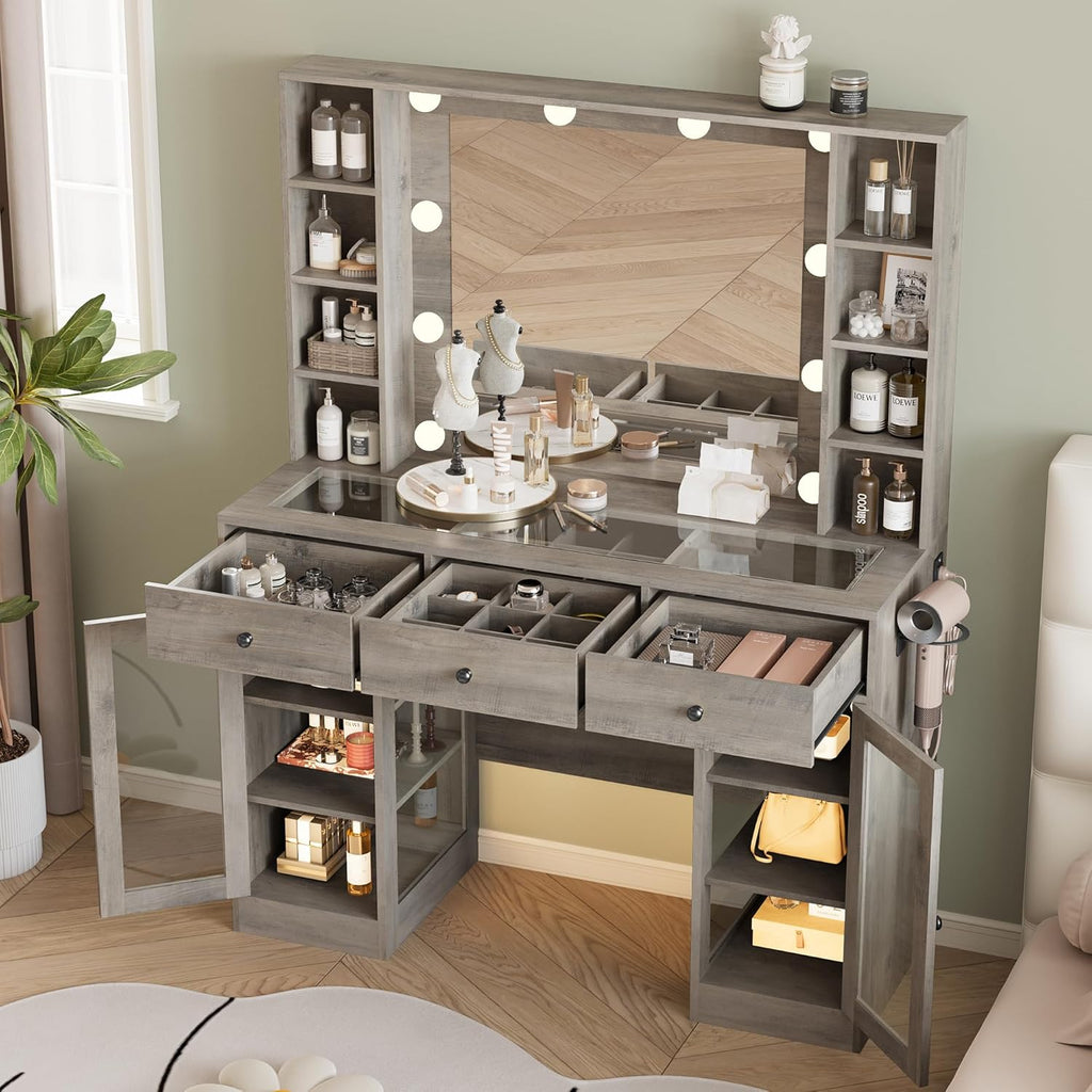 Wodeer Makeup Vanity Desk with Mirror and Lights, Grey Vanity with Glass Top, LED Lights & Power Outlet, 3 Drawers & 2 RGB Glass Cabinets, Adjustable Lighted Dressing Table for Women & Girls Bedroom