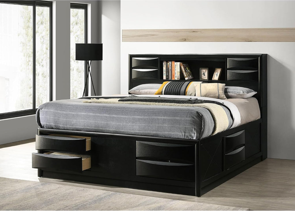 King Storage Bed, Platform Bed, Bookcase Headboard, Black Wood, 4 Footboard Drawers, Right Side Drop Down Door, No Foundation Required, Eastern King Bed Frame