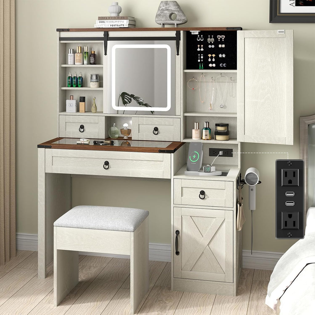Farmhouse Makeup Vanity Desk with Sliding Mirror and Lights, 42' Glass Top White Vanity Set with Charging Station & 4 Drawers & 2 Cabinets, Dressing Table with Stool for Bedroom