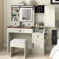 Farmhouse Makeup Vanity Desk with Sliding Mirror and Lights, 42' Glass Top White Vanity Set with Charging Station & 4 Drawers & 2 Cabinets, Dressing Table with Stool for Bedroom