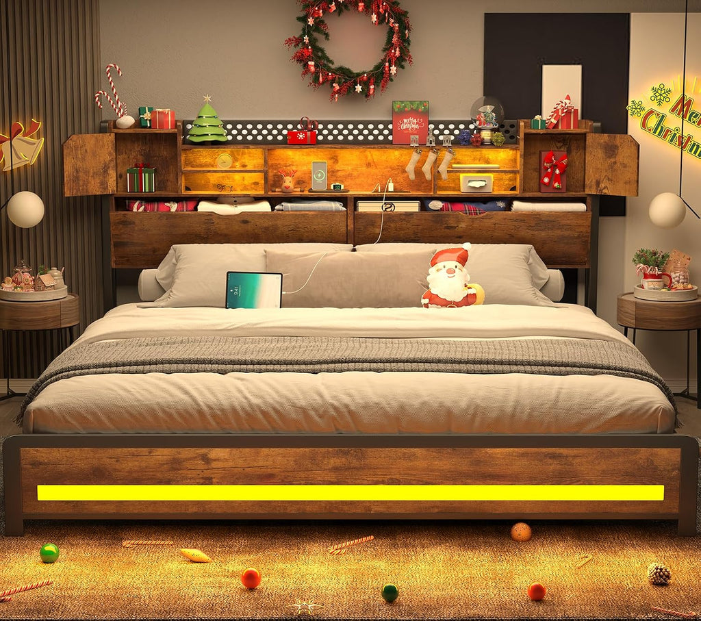 CSZZD King Size Bed Frame and Storage Headboard, LED Bed Frame with USB Charging Station, Metal Platform Bed Frame King with Hidden Storage Space, No Box Spring Needed