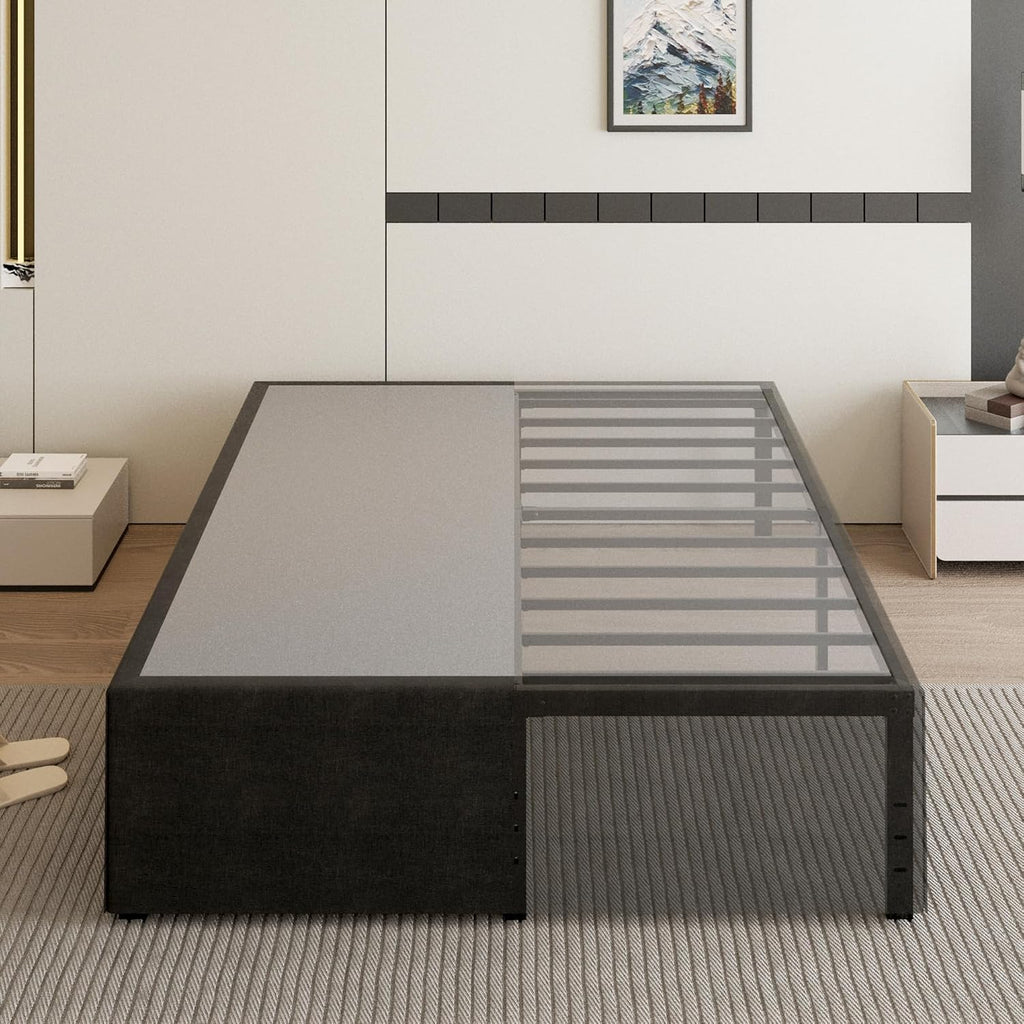 Cieemine 18 Inch Queen Bed Frame with Black Bed Cover, Metal Bed Frames Queen Size No Box Spring Needed, Heavy Duty Mattress Foundation, Easy Assembly, Noise Free
