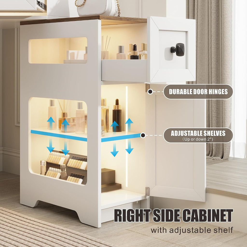 Corner Vanity Desk with Mirror and Lights, Modern Makeup Vanity with Charging Station & Human Sensor Light, Glass Top Dressing Table with 4 Drawers & Shelves for Bedroom (White)