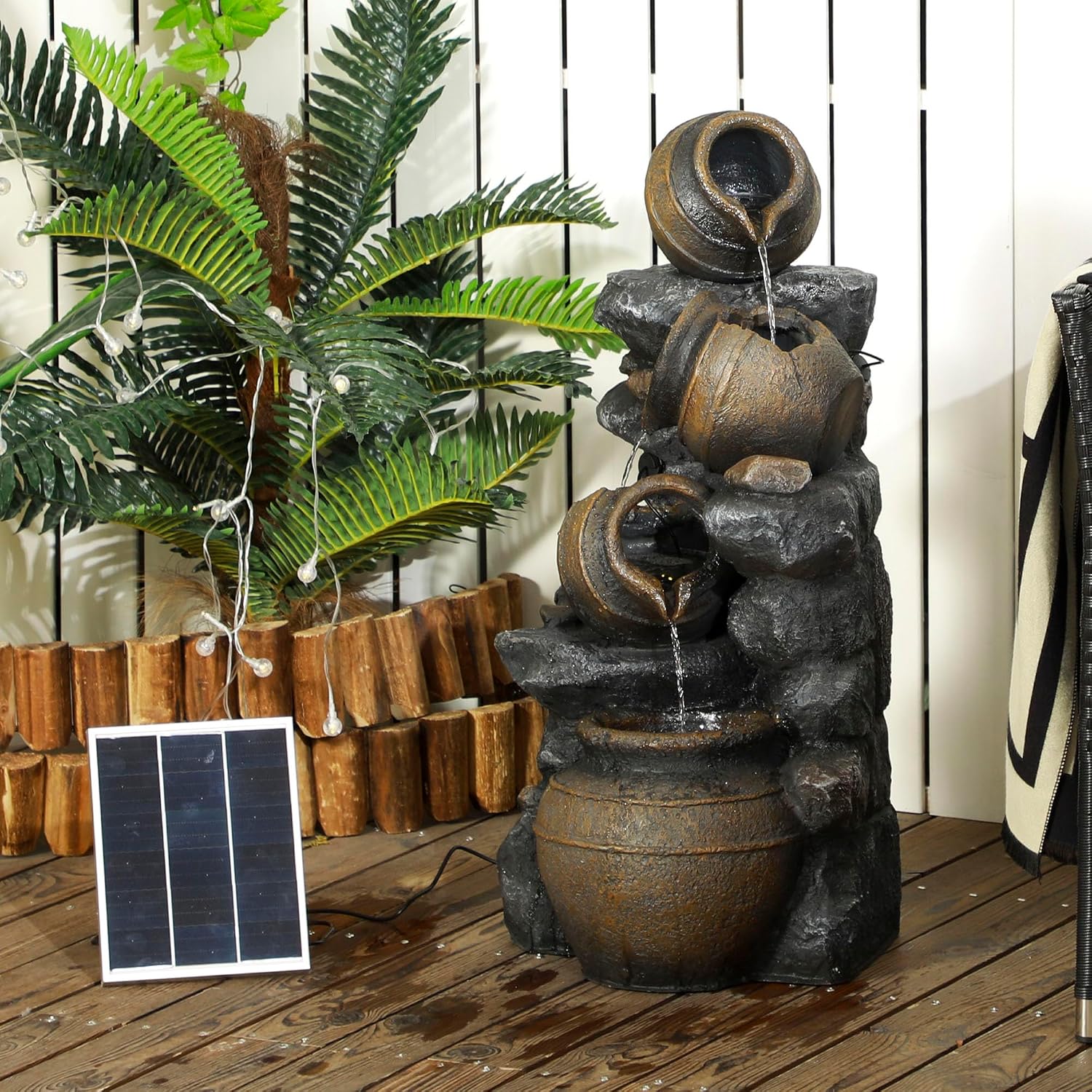 Outsunny 28.3' Tall Solar Powered Outdoor Water Fountain, 4-Tier Floor Standing Resin Cascading Jars and Stacked Stones Waterfall Fountain with LED Lights and Pump for Garden, Patio, Backyard