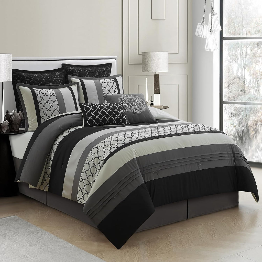 LANCO MODERN LIFESTYLE California King Comforter Set, Black Gray Bedding Set, Jacquard Woven with Embroidery, 8 Pieces Bed in a Bag, Bed Skirt, Shams and Decorative Pillows