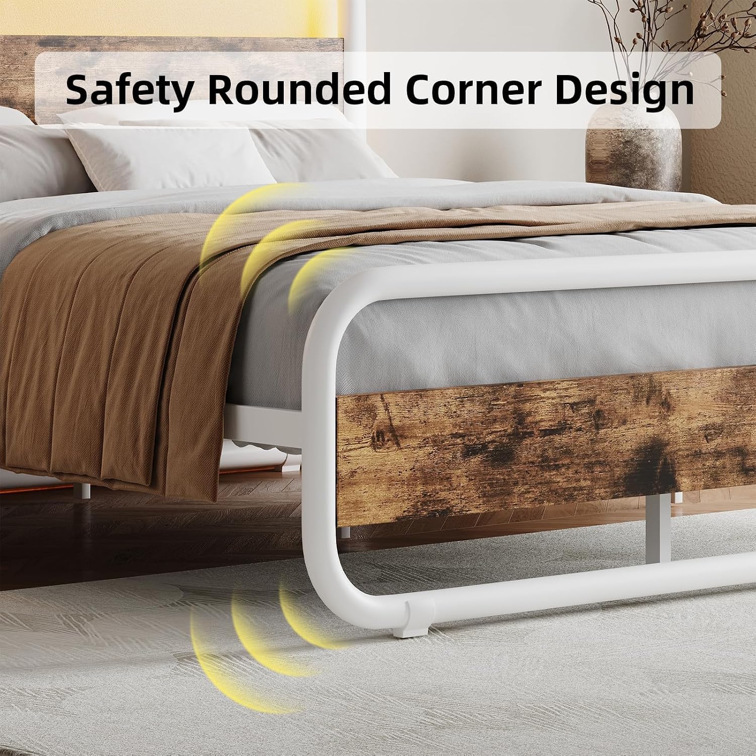Catrimown Queen Bed Frame with LED Lights, Heavy Duty Metal Rustic Platform Bed Frame Queen Size with Headboard, Noise Free, No Box Spring Needed, White
