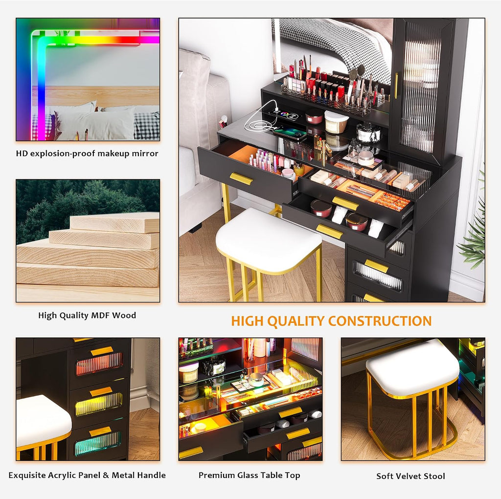 WOOVIVS Vanity with LED Mirror, Makeup Desk with 24 RGB Atuo Lighted Drawers for Bedroom, Glass Top Vanities Table Set with Wireless Charging Station, Chair,Jewelry Organizer for Girls/Women (Black)