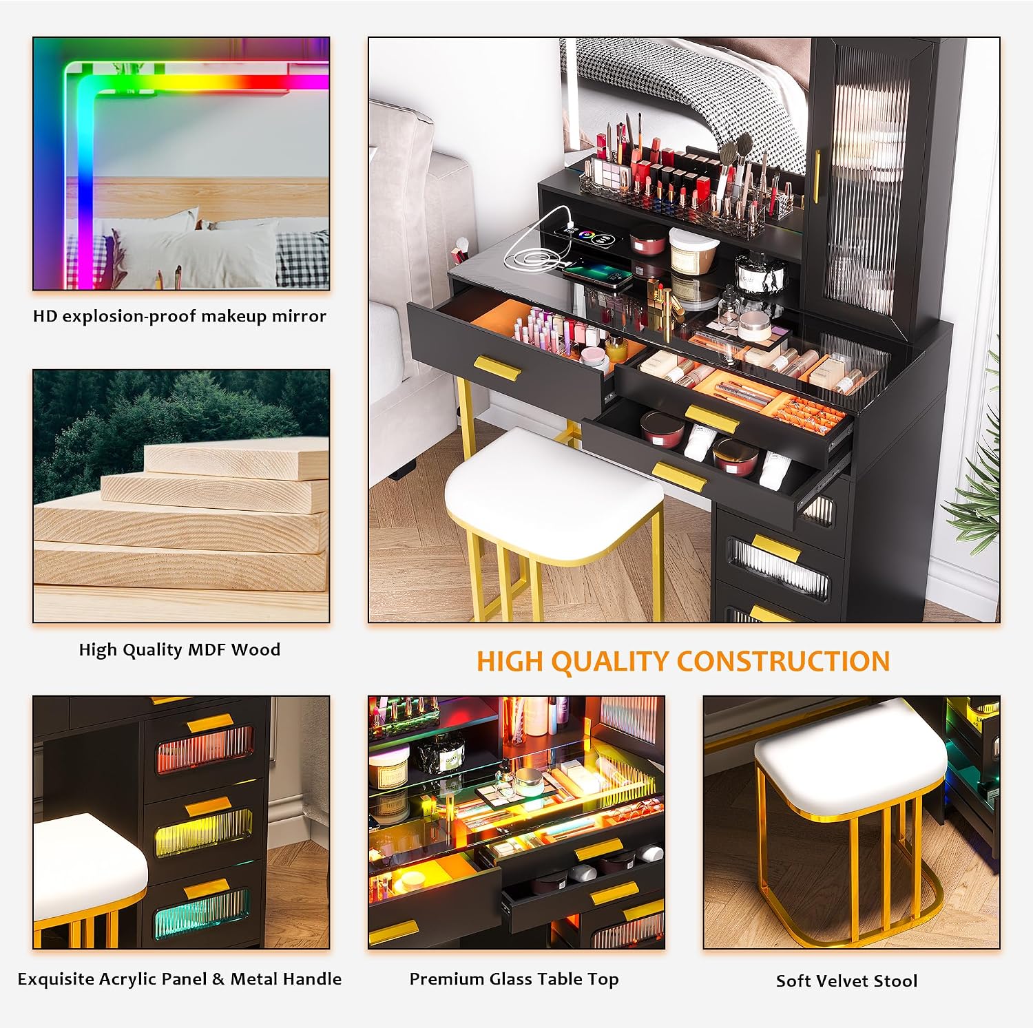 WOOVIVS Vanity with LED Mirror, Makeup Desk with 24 RGB Atuo Lighted Drawers for Bedroom, Glass Top Vanities Table Set with Wireless Charging Station, Chair,Jewelry Organizer for Girls/Women (Black)