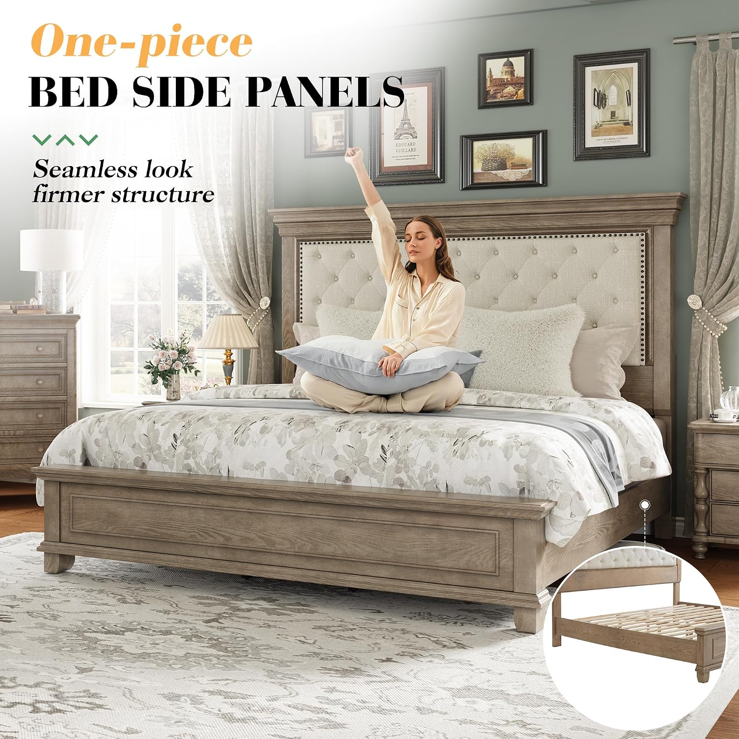 LUXOAK Solid Pine Wood King Bed Frame with 69' High Upholstered Headboard, Transitional Style Platform Bed, No Box Spring Needed & Easy Assembly, Button-Tufted Chenille Fabric, Antique Taupe