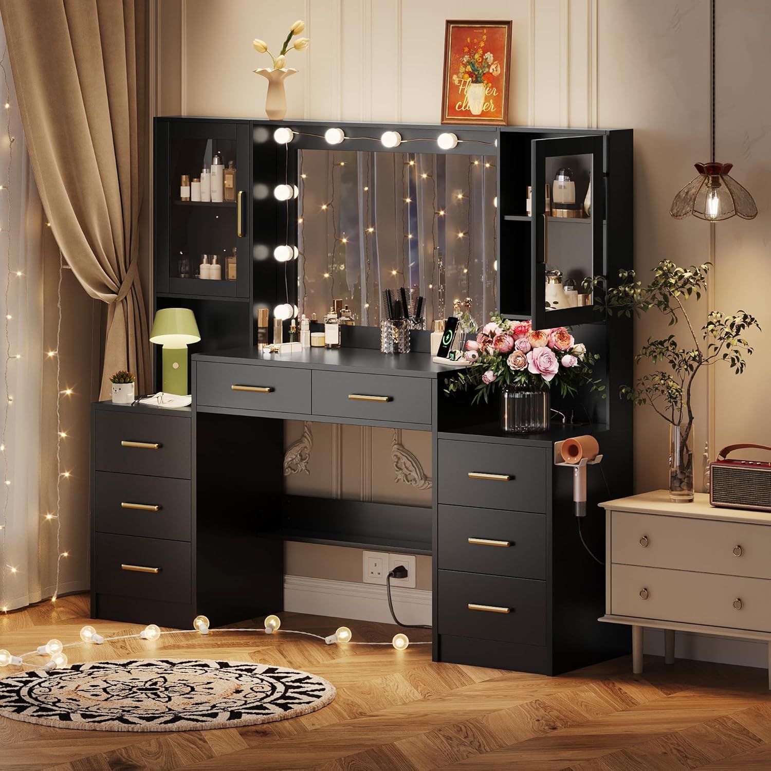 TOKSOM Large Black Vanity Desk with Mirror and Charging Station, Makeup Desk with 8 Drawers, 2 Cabinets and Lots Storage, Dressing Table Vanity Set for Girls Without Lights, 58.3 inch Black