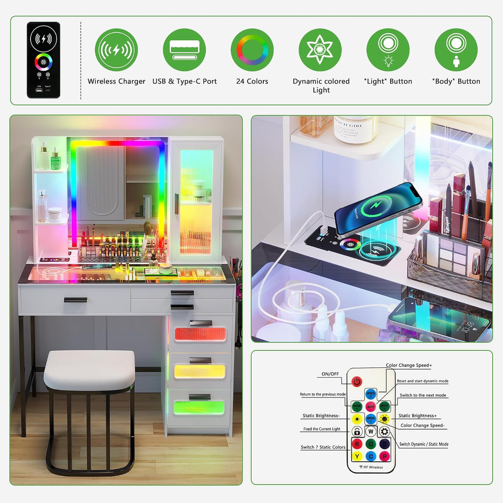 HENBC Vanity with Mirror and LED Lights, Glass Top Vanity Desk with Charging Station(Wireless+USB+Type-C), RGB Makeup Table Set with Stool/Makeup Organizer/6 Drawers (White)