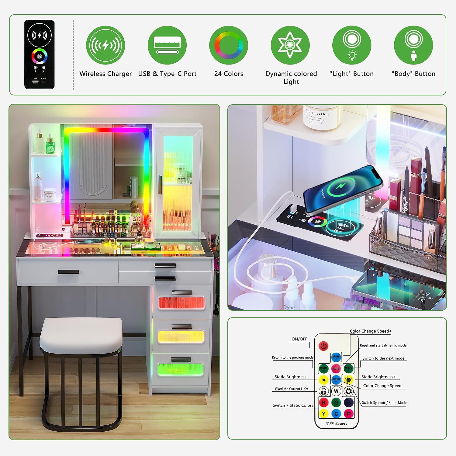 HENBC Vanity with Mirror and LED Lights, Glass Top Vanity Desk with Charging Station(Wireless+USB+Type-C), RGB Makeup Table Set with Stool/Makeup Organizer/6 Drawers (White)