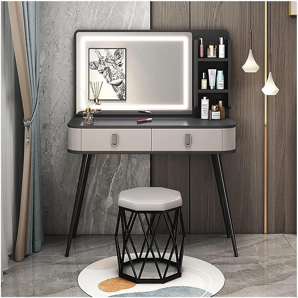 Rieort Vanity Desk MDF Vanity Table Set with Flip Top Lighted Mirror Makeup Table Cushioned Stool Home Nightstand Vanity Benches