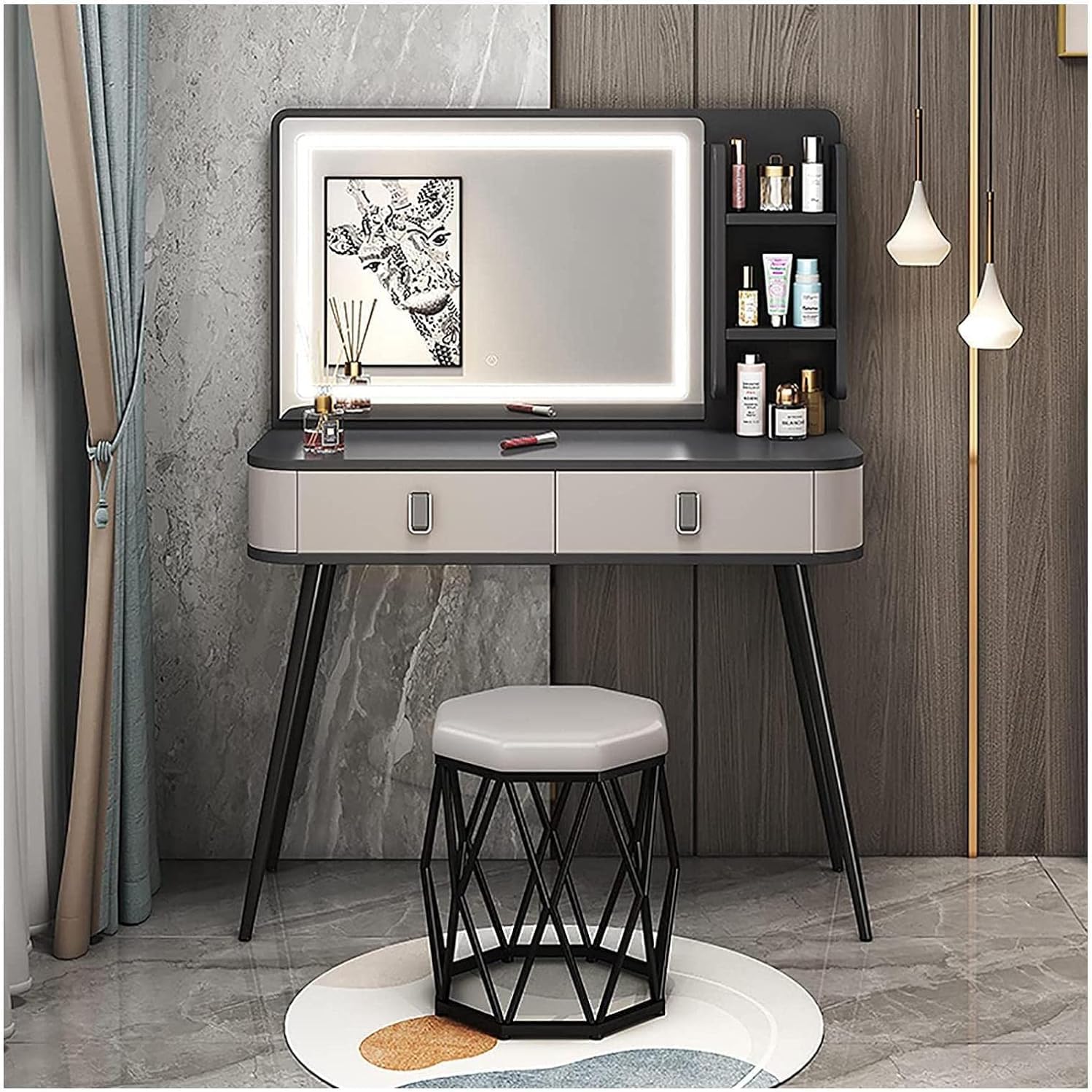 Rieort Vanity Desk MDF Vanity Table Set with Flip Top Lighted Mirror Makeup Table Cushioned Stool Home Nightstand Vanity Benches