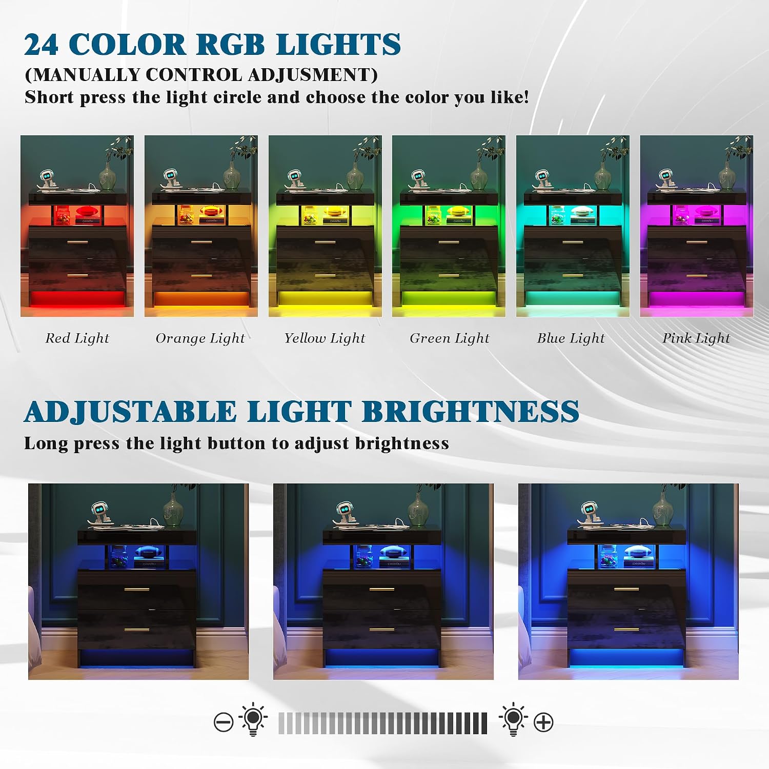 WOOVIVS Night Stand Set 2 with USB/Type-C/Wireless Charging Station, Blakc Nightstands with RGB Auto LED Lights, Modern Bedside Table Set of 2 with 2 Drawers for Bedroom Furniture