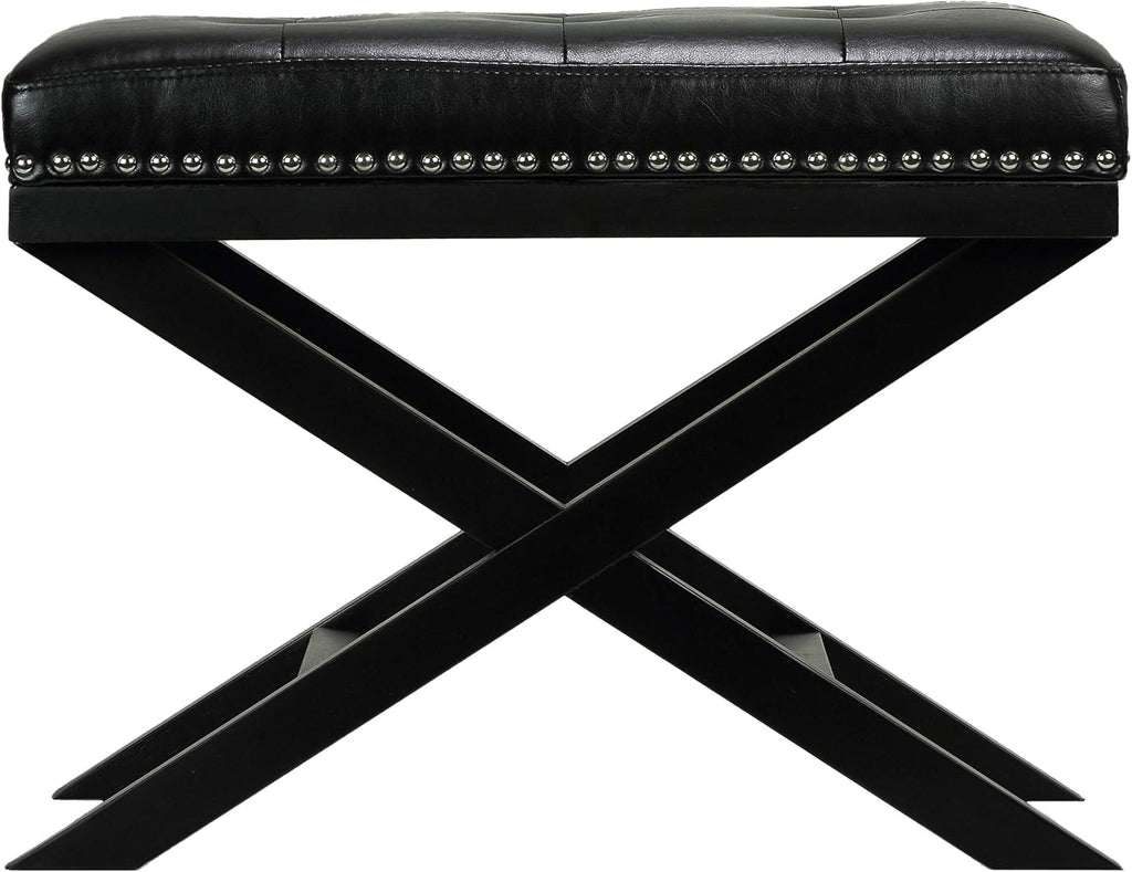 Cortesi Home Kayla Traditional 'X' Bench Vinyl Ottoman with Nailhead Trim Finish, Black