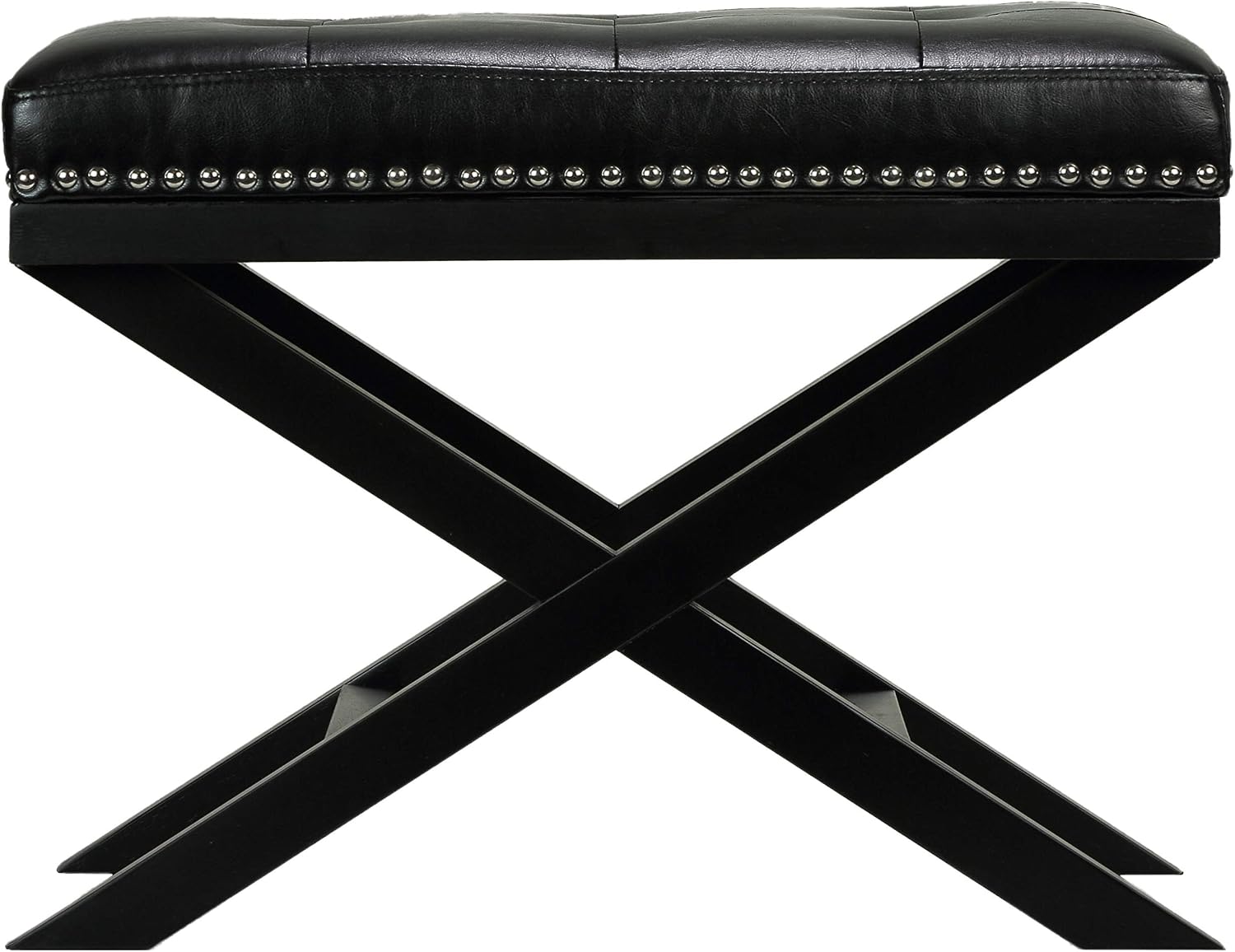 Cortesi Home Kayla Traditional 'X' Bench Vinyl Ottoman with Nailhead Trim Finish, Black