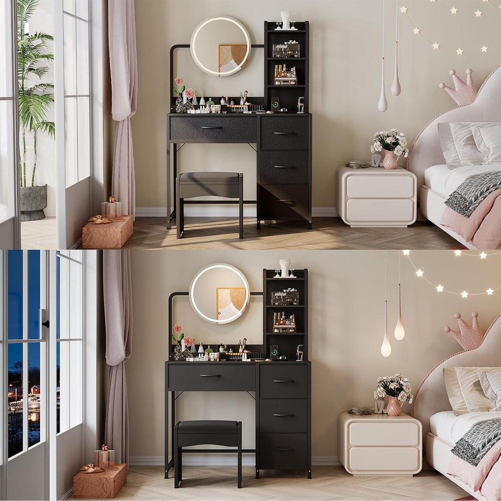 Patikuin Makeup Vanity with LED Mirror & Power Outlet, Small Dressing Table Set with Drawers & Shelves, Vanity Desk for Bedroom Beauty Corner