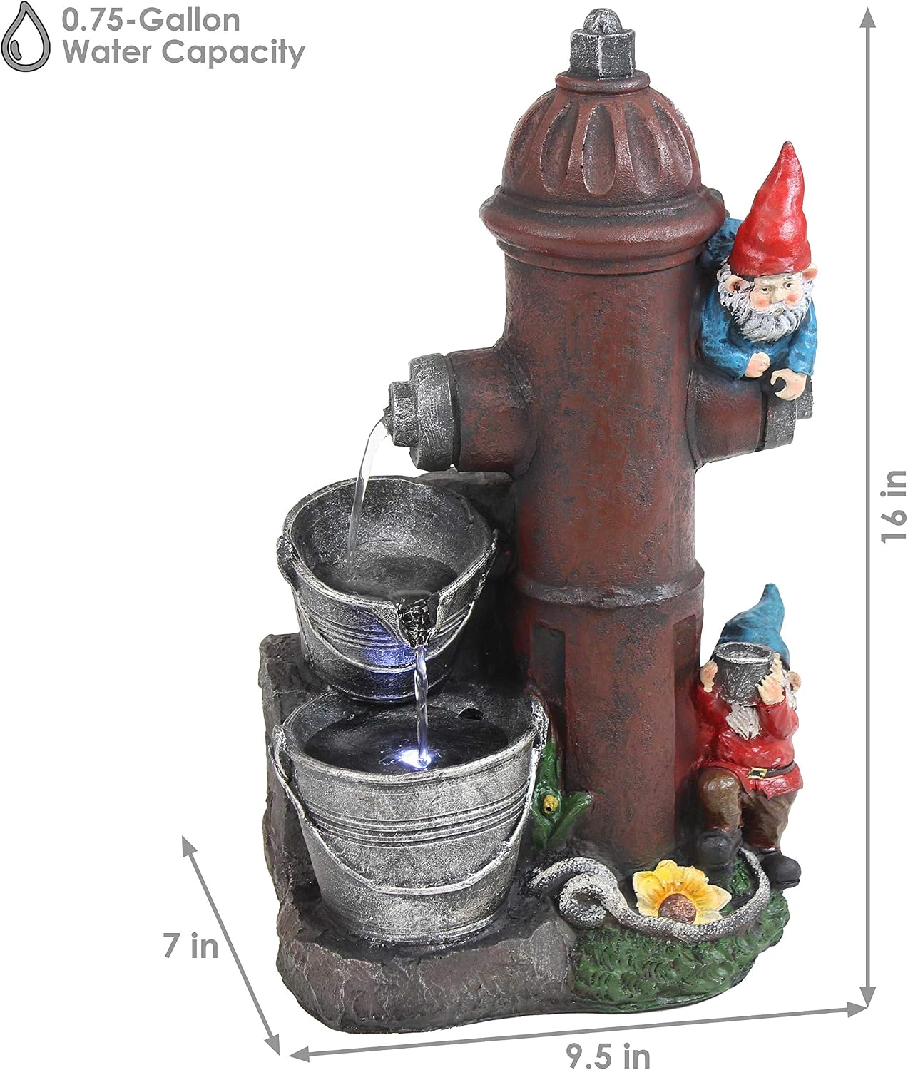 Sunnydaze Fire Hydrant Gnomes 16-Inch Outdoor Water Fountain with LED Light - Submersible Electric Pump - Polyresin