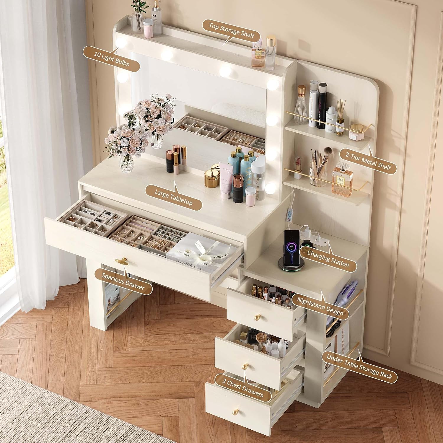 Makeup Vanity Desk with Mirror and 3 Colors Lights, Vanity Table with 10 LED Bulbs & Power Outlet, Large Dressing Table with 4 Drawers, 6 Storage Shelves for Bedroom, Women and Girls, White