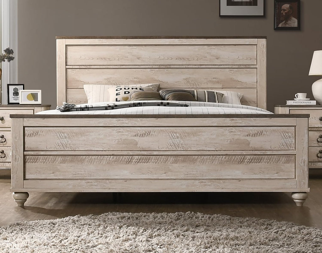 Contemporary White Wash Finish 4-Piece Bedroom Set-King Bed, Dresser, Mirror and Nightstand