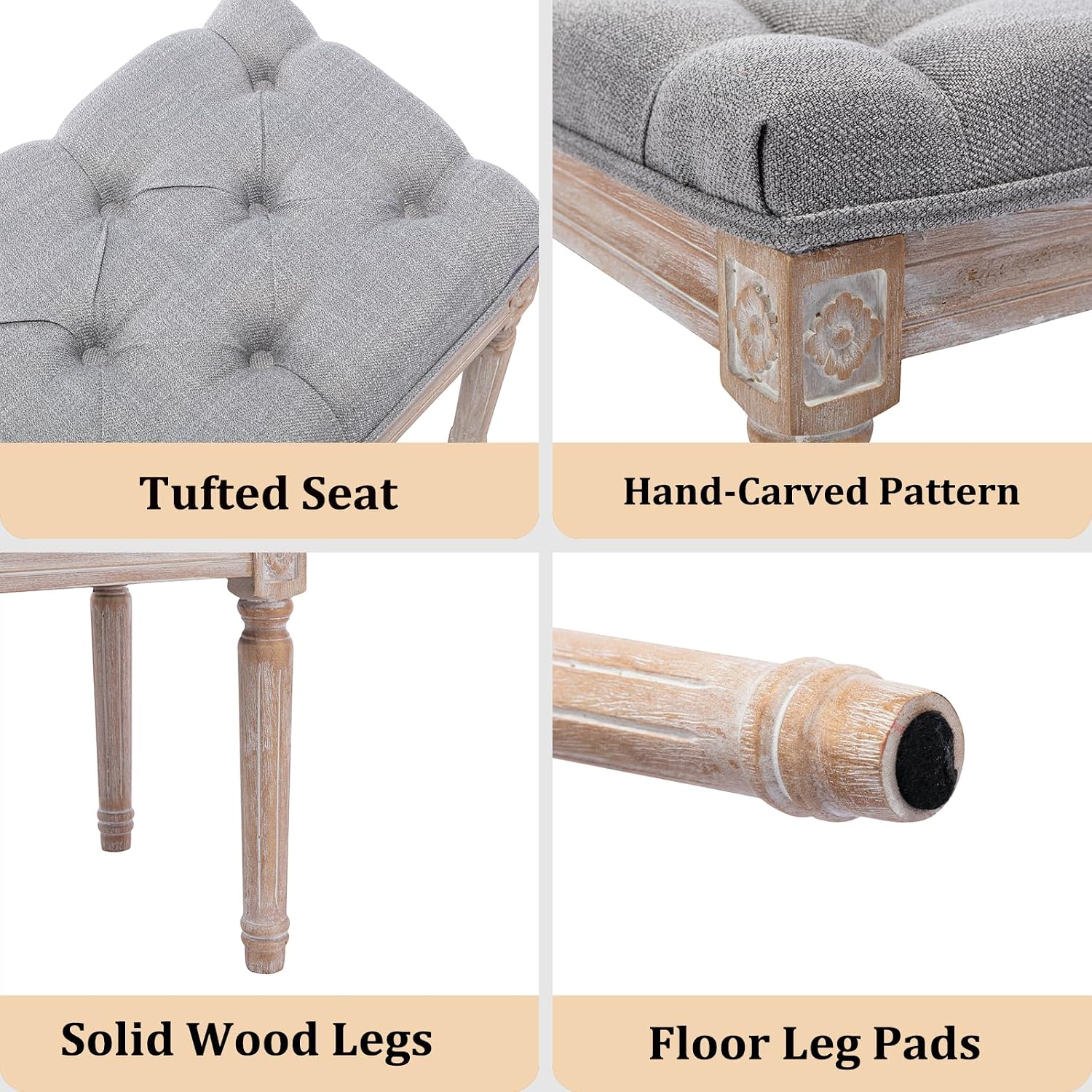 Farmhouse Dining Bench 45' Long Vintage Tufted Bench with Wood Legs Upholstered Entryway Bench Fabric End of Bed Bench for Bedroom Living Room Hallway, Grey