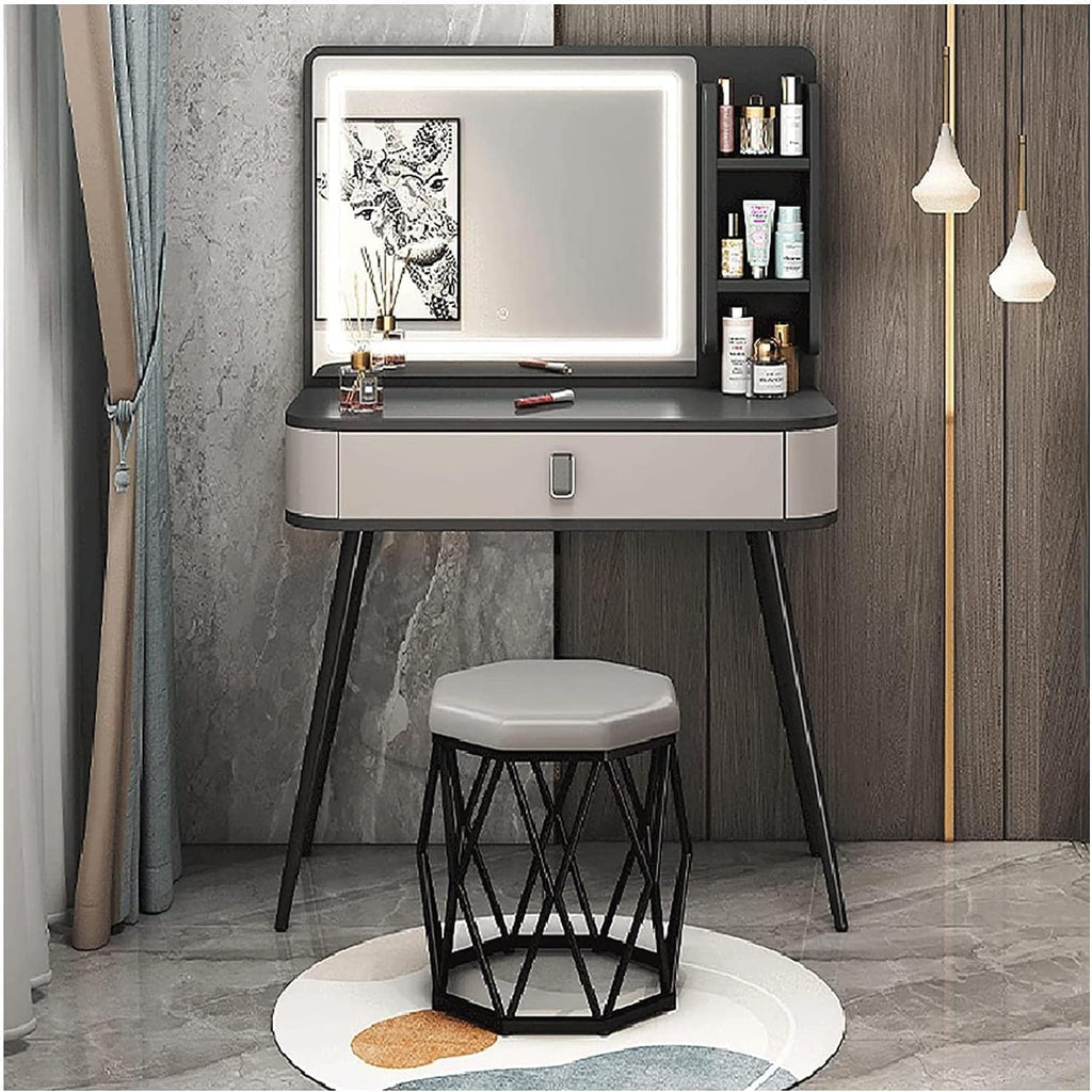 Rieort Vanity Desk MDF Vanity Table Set with Flip Top Lighted Mirror Makeup Table Cushioned Stool Home Nightstand Vanity Benches