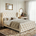 Furnihome King Size Bed Frame with 51' Tall Headboard, Velvet Upholstered Wingback Platform Design, Handcrafted Pleats& Deep Button Tufted, Solid Wood Legs, No Box Spring Needed, Beige