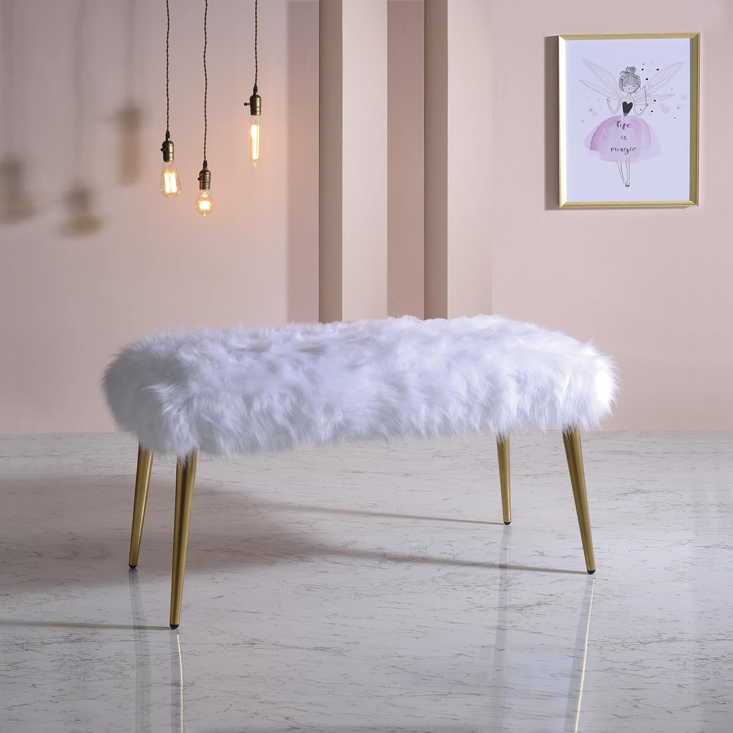 White and Gold Bench with Faux Fur Seat, 38.5-Inch Glam Entryway Bench with Straight Gold Legs, Cozy Upholstered Vanity Bench for Bedroom Living Room Hallway