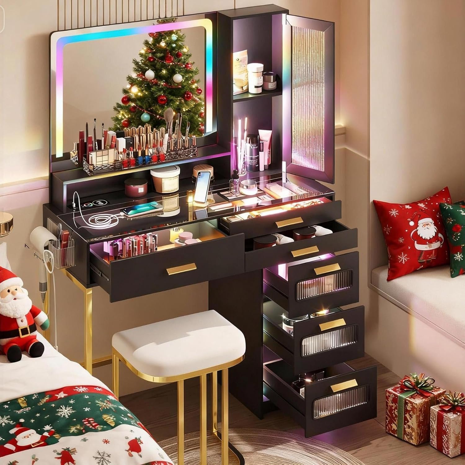 RGB Vanity Desk with Mirror and Lights, Glass Top Makeup Vanity with 6 Drawers & Wireless Charging,Vanity Table Set with RGB Cabinet Light and Jewelry Box, for Girls Bedroom,Black