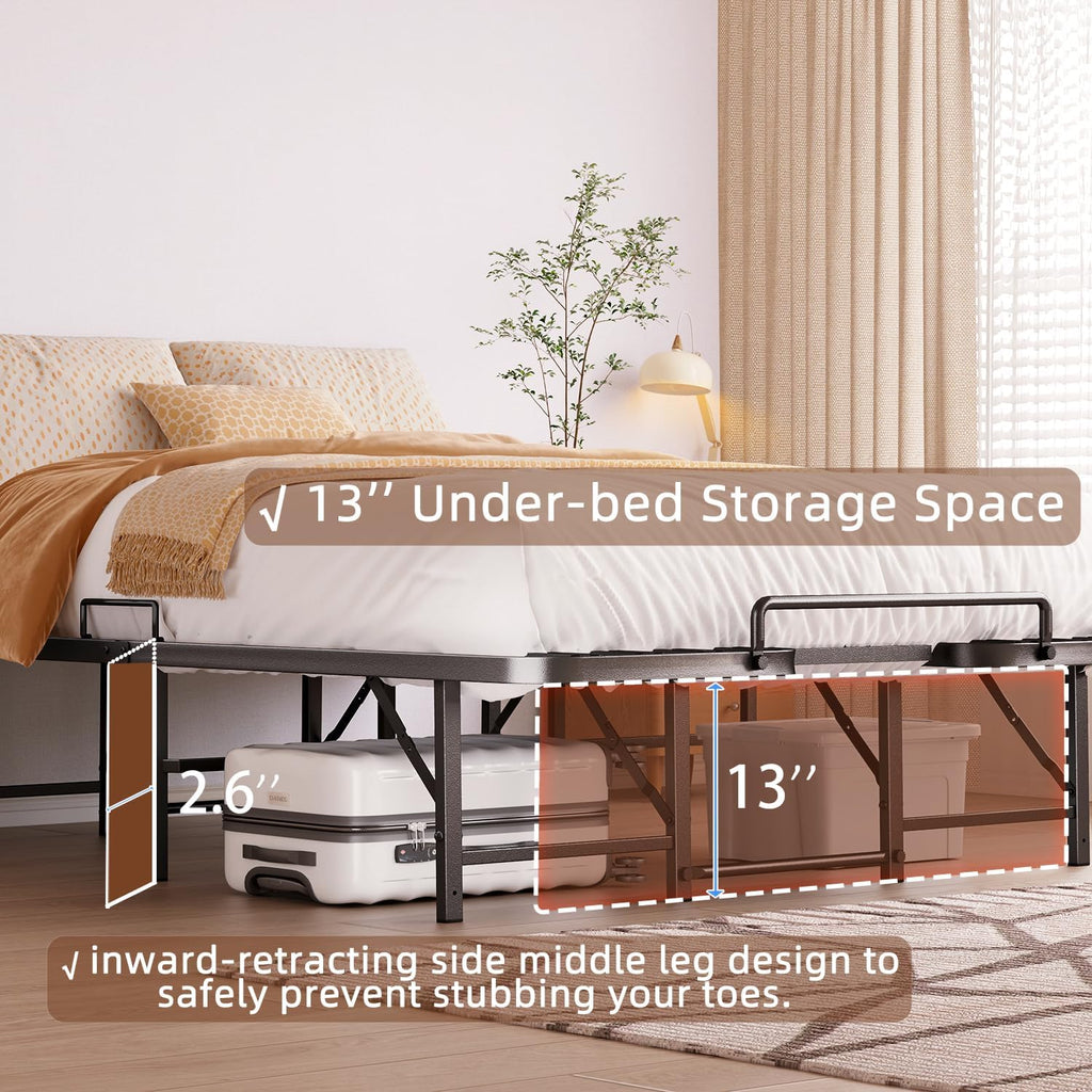 Foldable Queen Bed Frame, Heavy Duty Folding Bed Frame Queen Size,14 Inch Sturdy Metal Platform Bed with 12 Unshakable Legs, No Box Spring Needed, Tool-Free Assembly, 13' Under Bed Storage, Black