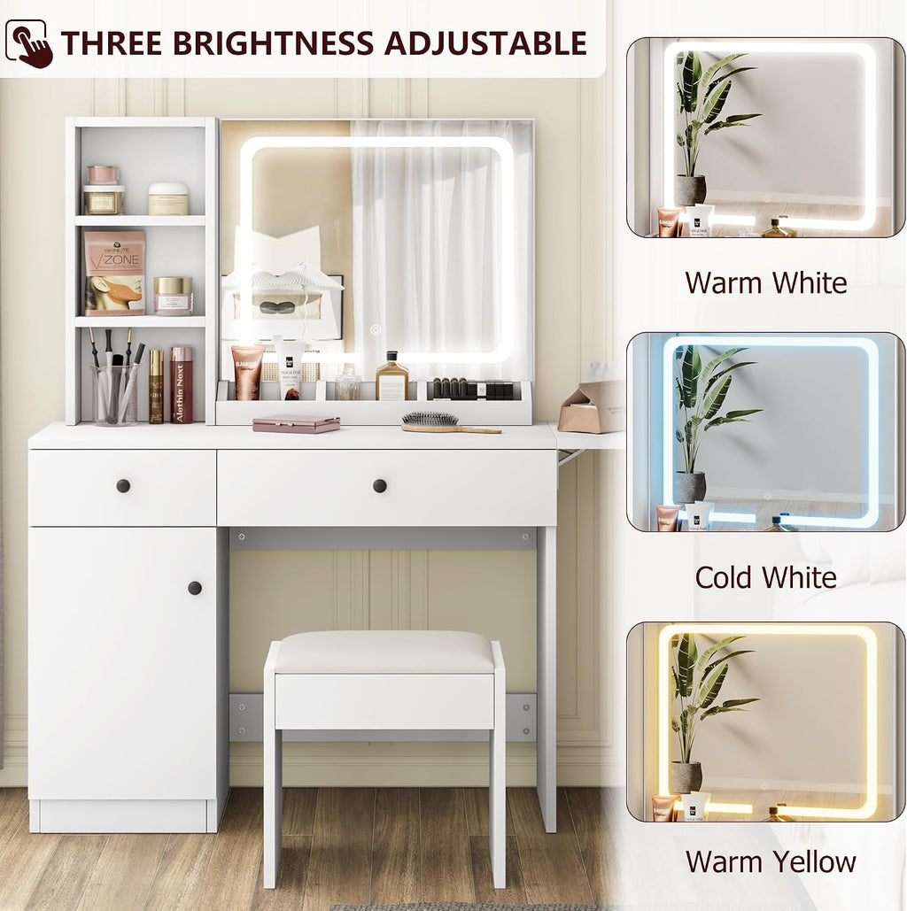 GarveeHome Makeup Vanity Desk with Mirror and Lights, Vanity Table Set with Drawer & Power Outlet & Chair & 3 Shelves, Bedroom, White
