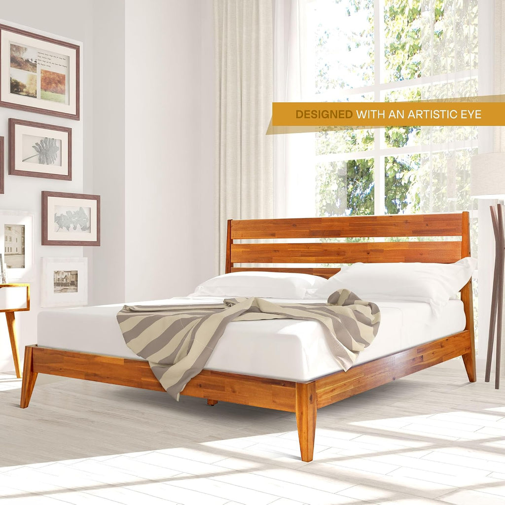Acacia Emery Bed Frame with Headboard 100% Solid Wood Platform Bed, Mid Century Modern Wood Bed Compatible with All Mattresses, Non-Slip and Noise-Free, 30 Mins Assembly, King Size Bed Frame, Caramel