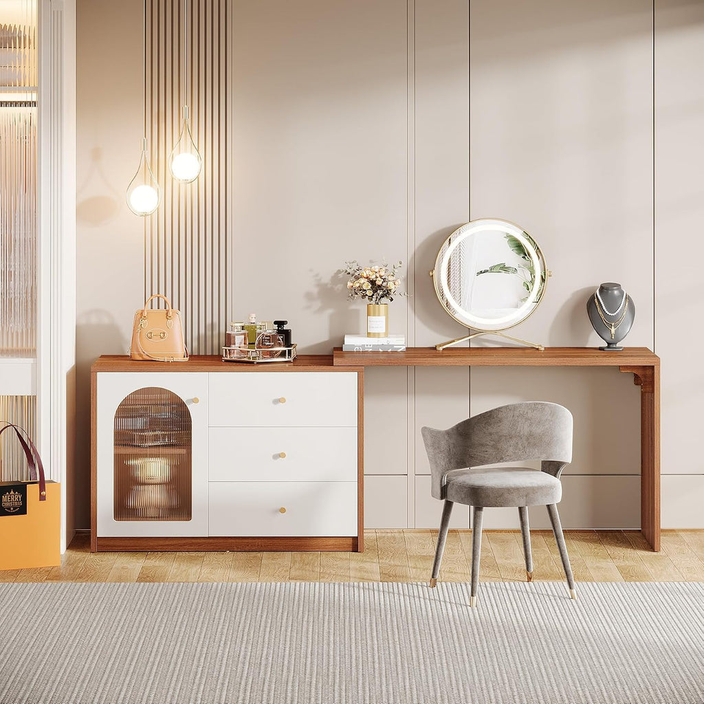 Tribesigns Modern Makeup Vanity, Retractable Large Vanity Desk with 3 Drawers and Cabinet, Makeup Corner Dressing Table for Bedroom, Walnut and White (Without Mirror)