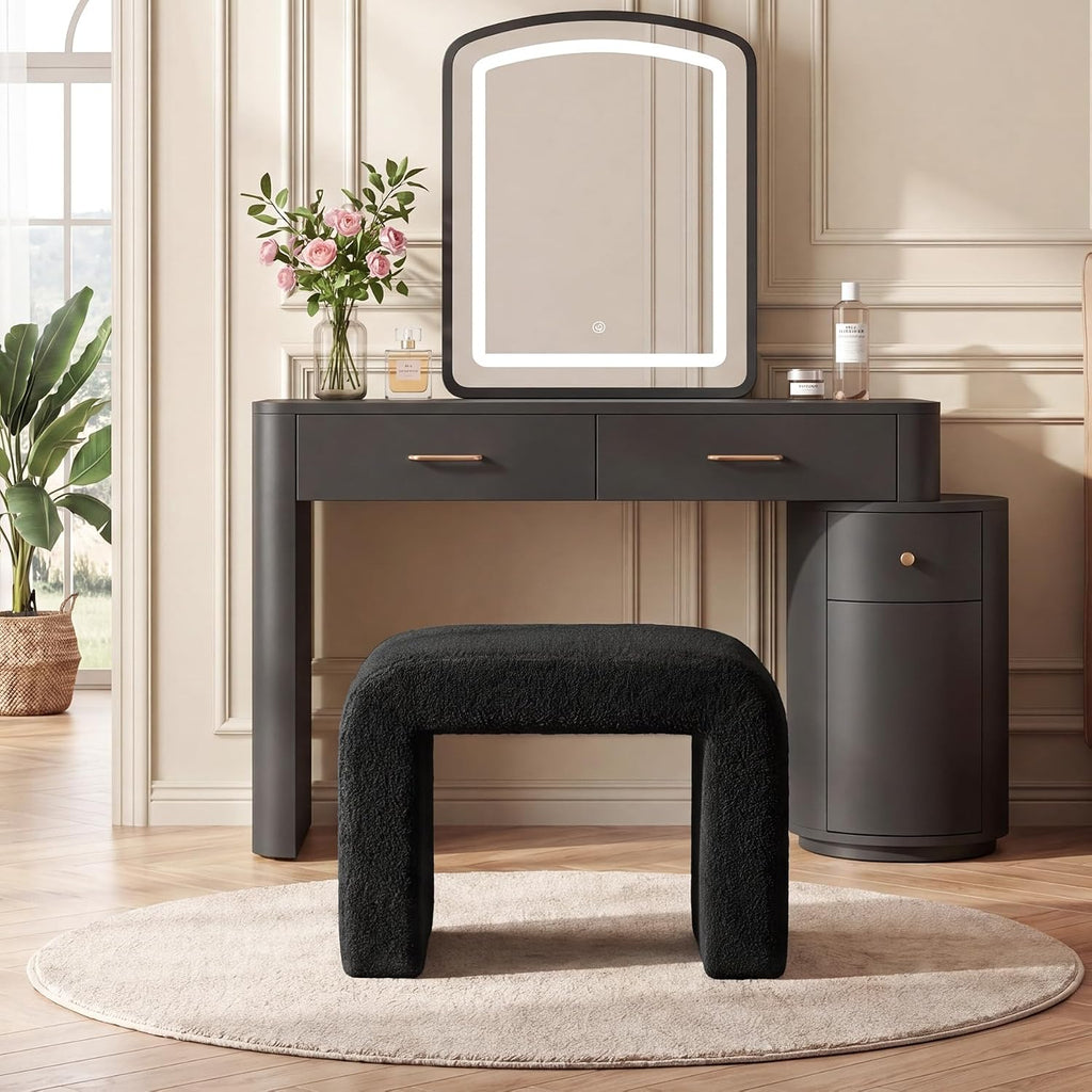 Tribesigns Modern Vanity Stool, Sherpa Upholstered Foot Stool Ottoman, Large Foot Rest for Couch, Shoe Bench for Entryway, Extra Seating for Living Room, Bedroom, Dressing Room, No Assembly, Black