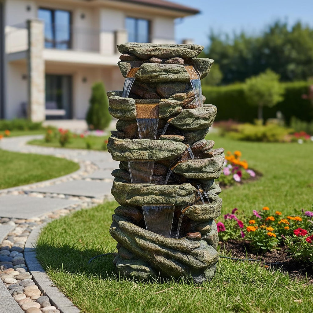 Naturefalls 59inches Outdoor Rock Water Fountain with LED Lights - Multi-Tiers Poly-Resin Cascading Waterfall Fountain for Garden, Patio, Yard, Home Decor