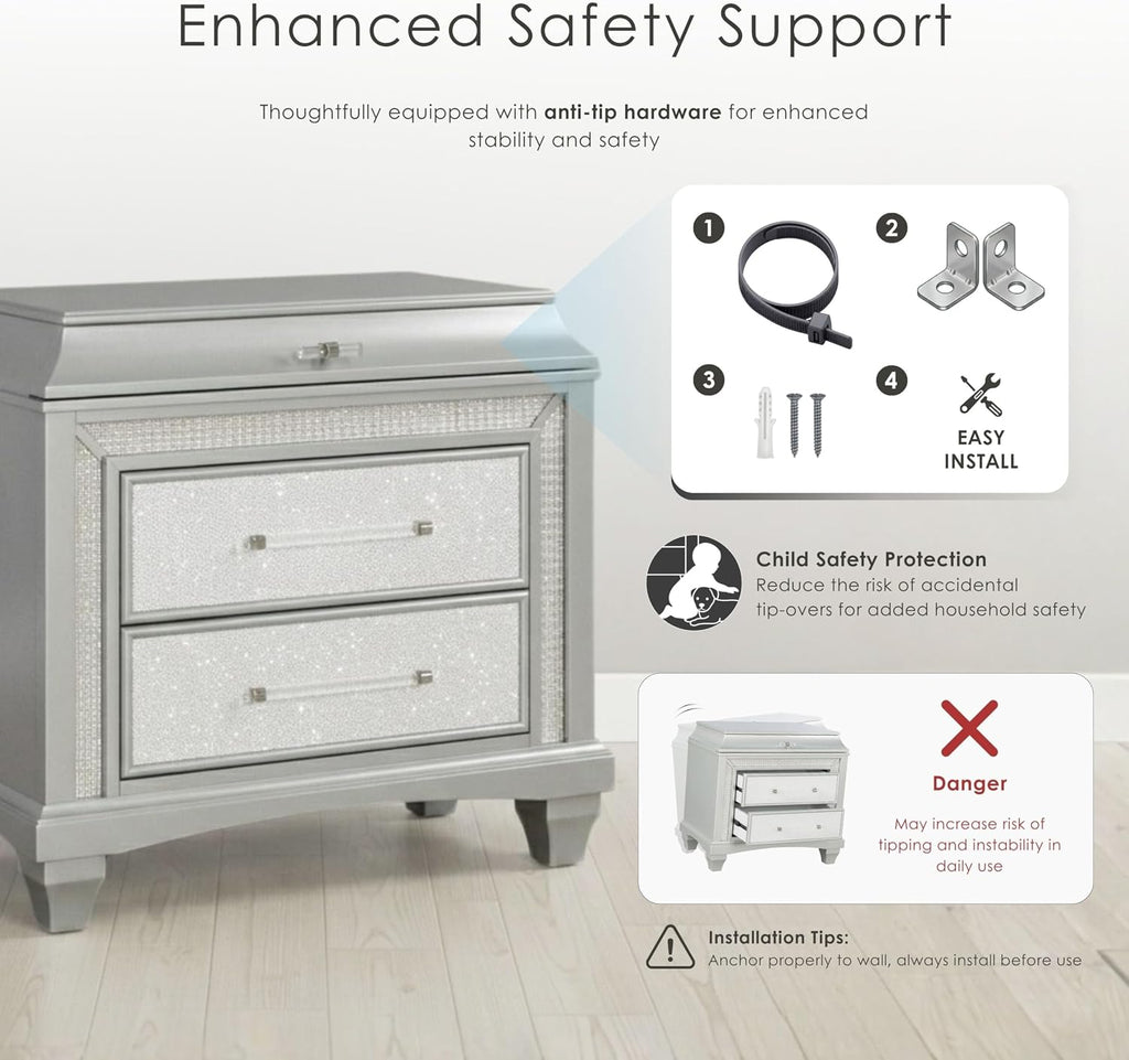 Furniture of America Silvia Glam Solid Wood 3-Piece Bedroom Set with Layered Frame Bed, Faux Crystal Trim LED on Nightstand and Chest, Box Spring Needed for Bedroom, Guest Room, King, Silver