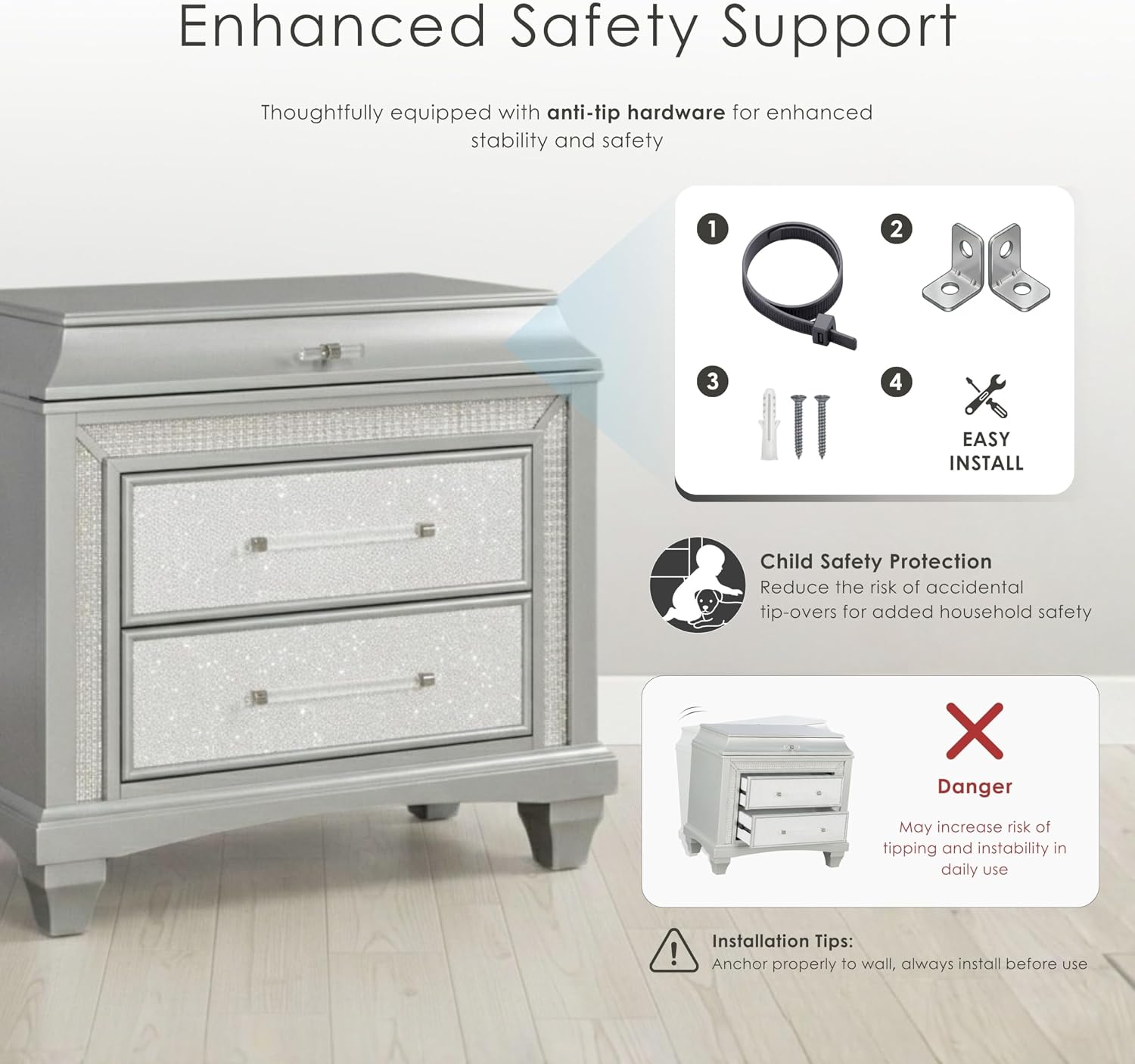 Furniture of America Silvia Glam Solid Wood 4-Piece Bedroom Set with Layered Frame Bed, Faux Crystal Trim LED on Nightstand and Dresser with Mirror, Box Spring Needed for Bedroom, King, Silver