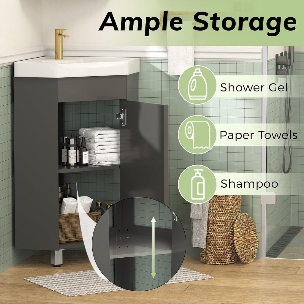 Findepot 24' Corner Bathroom Vanity Sink Combo for Small Space Freestanding Compact Space Bathroom Storage Cabinet with White Ceramic Sink, Adjustable Shelf and Gold Handle, Grey