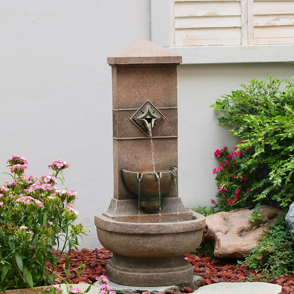 Bumilgar Outdoor Wall Fountain with LED Lights, 39.96' H Freestanding Garden Water Fountain, Large Floor Standing Patio Waterfall Feature, European Resin Flat Back Yard Courtyard Porch Décor
