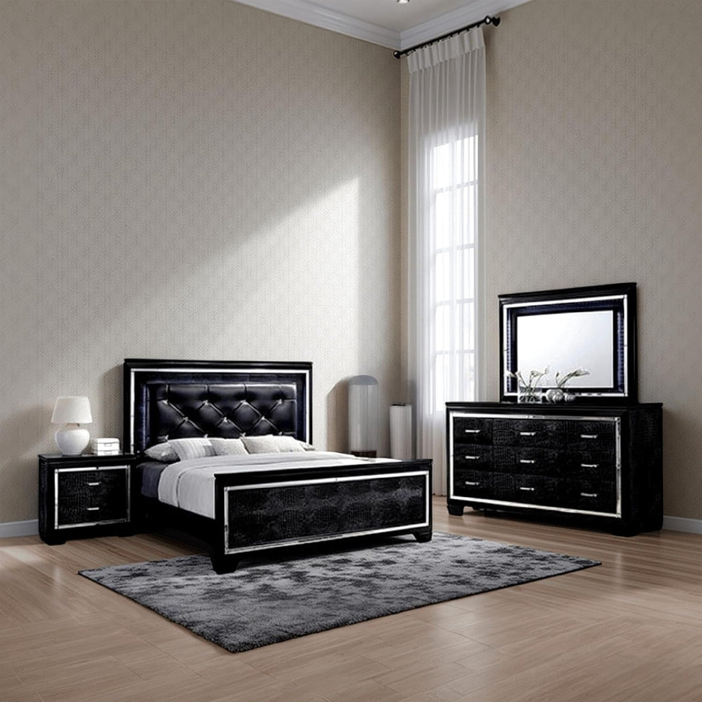 Benjara Kae 4 Piece King Bedroom Set- LED and Mirror Trim- Textured- Black