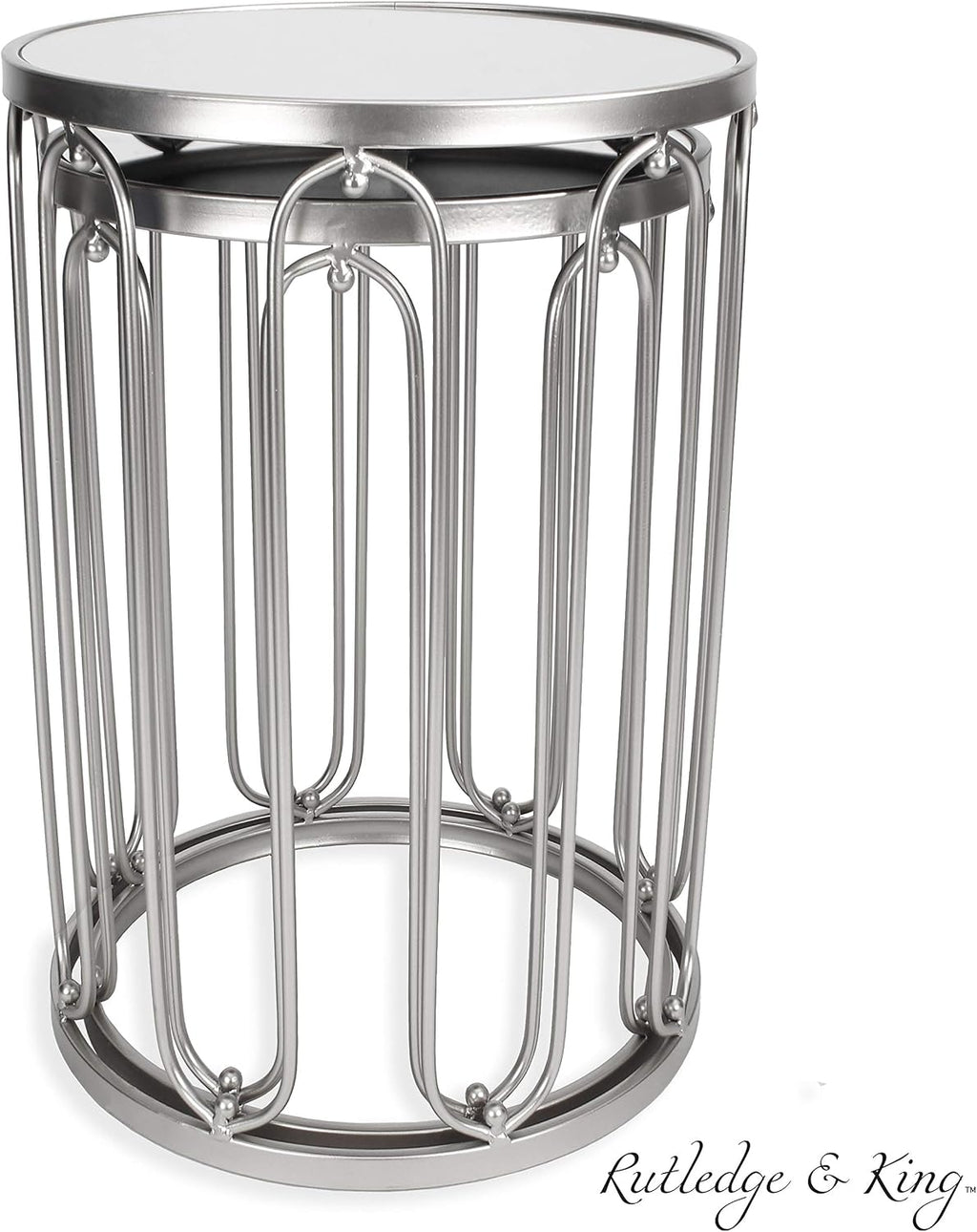 Rutledge & King Round End Table Set - Silver End Tables with Mirrored Tops - Nesting Round Accent Tables - Silver and Mirrored Metal Side Tables Braswell End Table Set