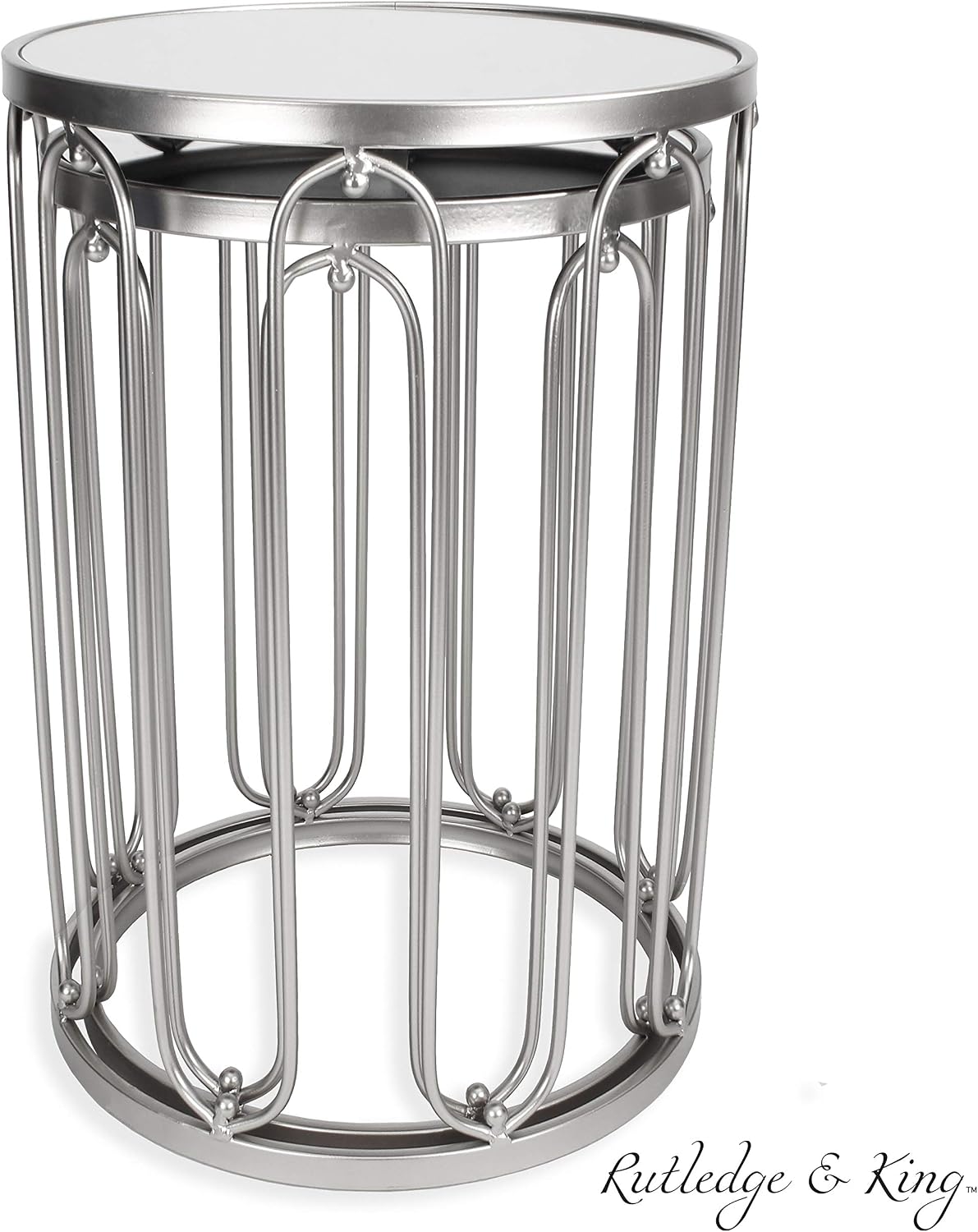 Rutledge & King Round End Table Set - Silver End Tables with Mirrored Tops - Nesting Round Accent Tables - Silver and Mirrored Metal Side Tables Braswell End Table Set