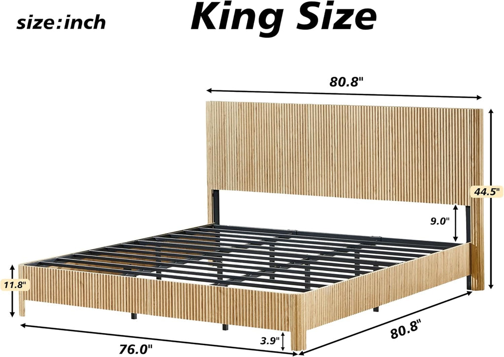 King Size Wood Bed Frame with Headboard, Modern Retro Oak Platform Beds Frames, Mid Century Rustic Wooden Bedroom Floor-BedFrame, No Box Spring Needed, Easy Assembly (Oak, King, Metal Base)
