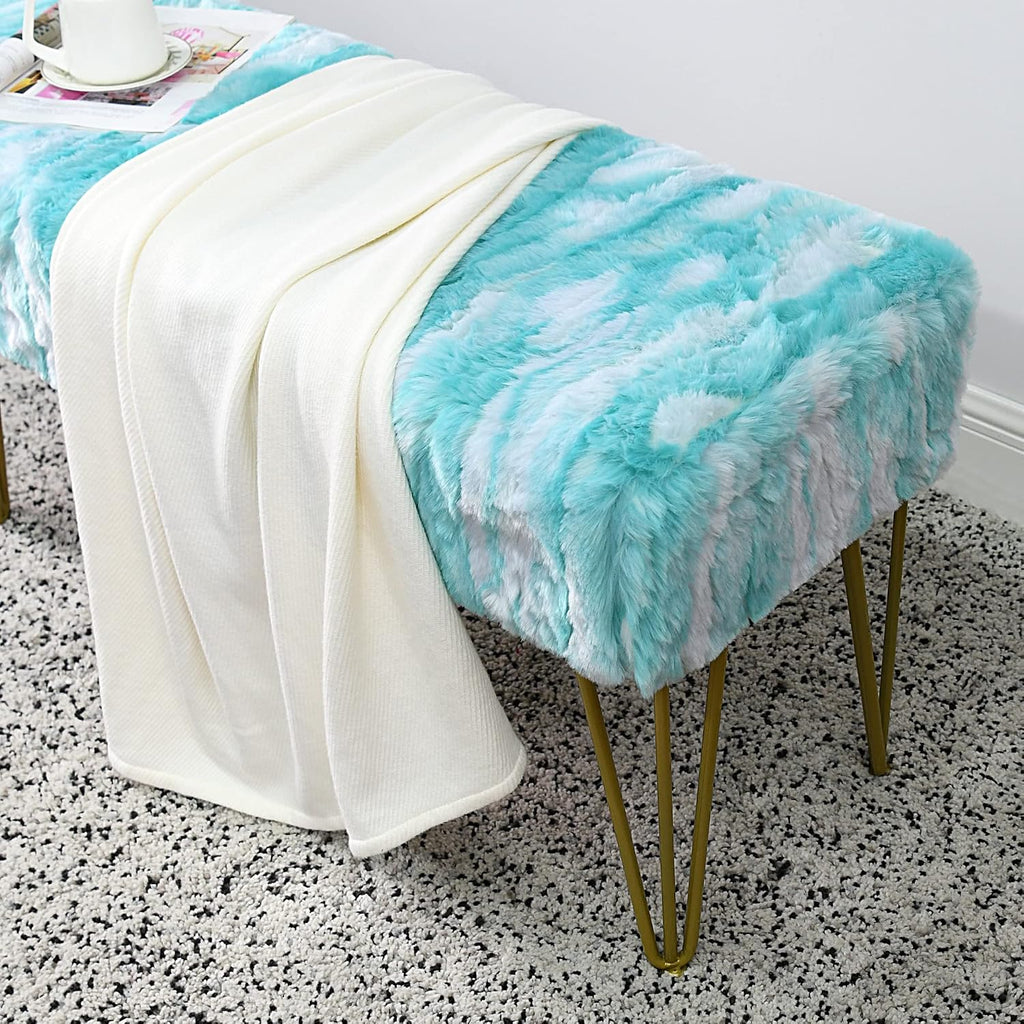 Blue Rectangle Long Bench Soft Faux Fur Ottoman 46'x16'x22' Sturdy Accent Furry Footrest Stool for Bedroom at The End of Bed Fuzzy Coffee Table for Living Room Closet Entryway Golden Legs