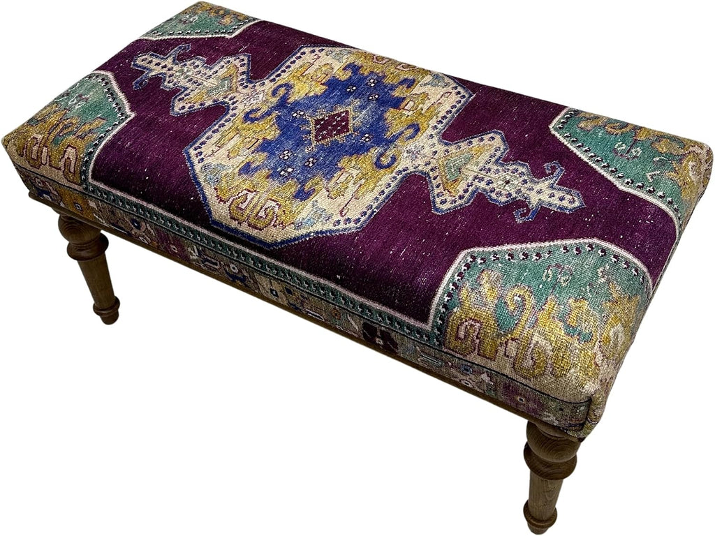 Boho Rug Upholstered Ottoman Bench, Piano Bench, Decorative Purple Ottoman Bench, Wood Bedroom Vanity Bench, Entryway Footstool Bench, Kitchen Dining Bench, (18x18X36, Purple Oushak)