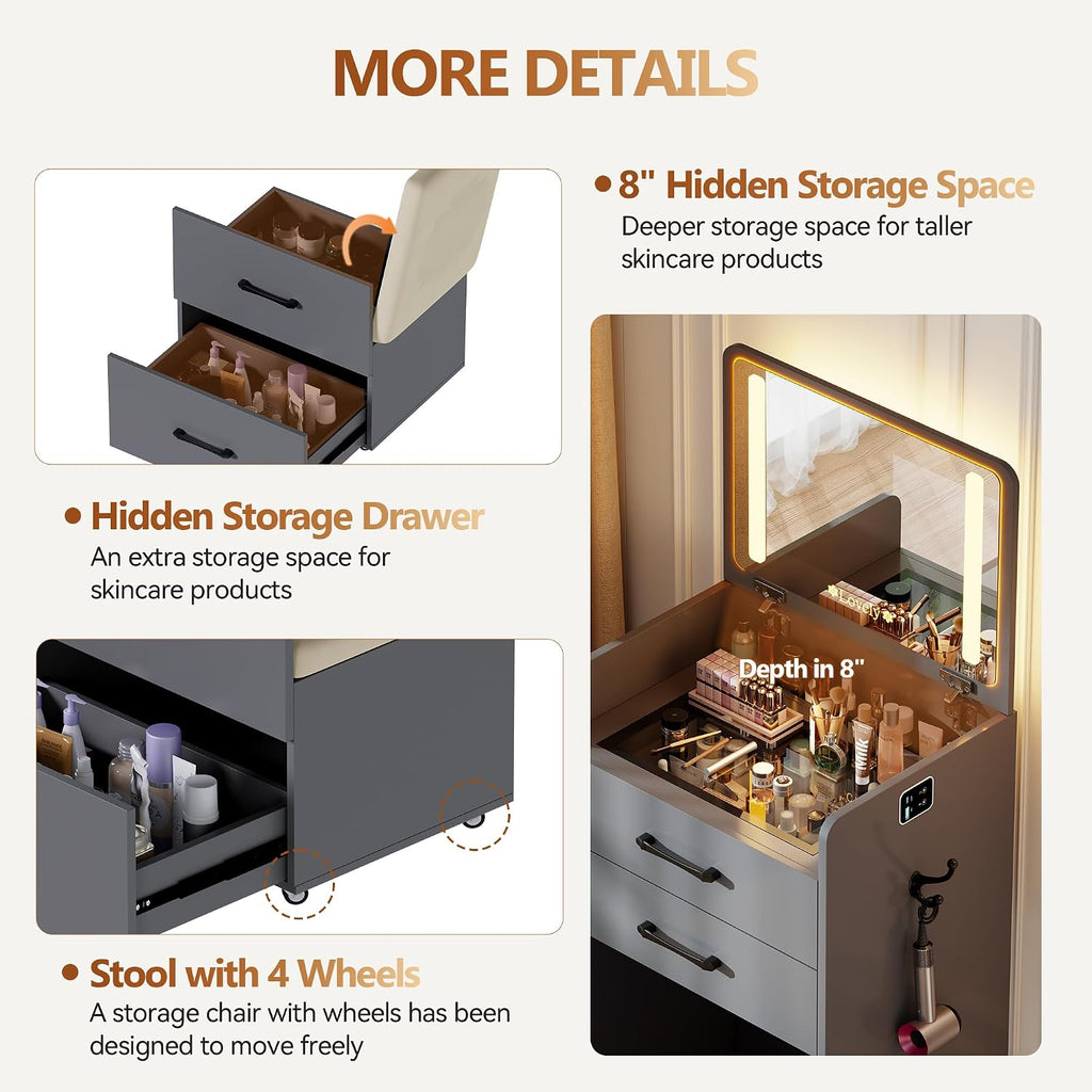 3 in 1 Vanity Desk with Flip up Mirror and Lights, Glass Top Makeup Vanity Table with Charging Station,LED Compact Dressing Table with 3 Drawer and Wheel Storage Stool for Bedroom(Grey)
