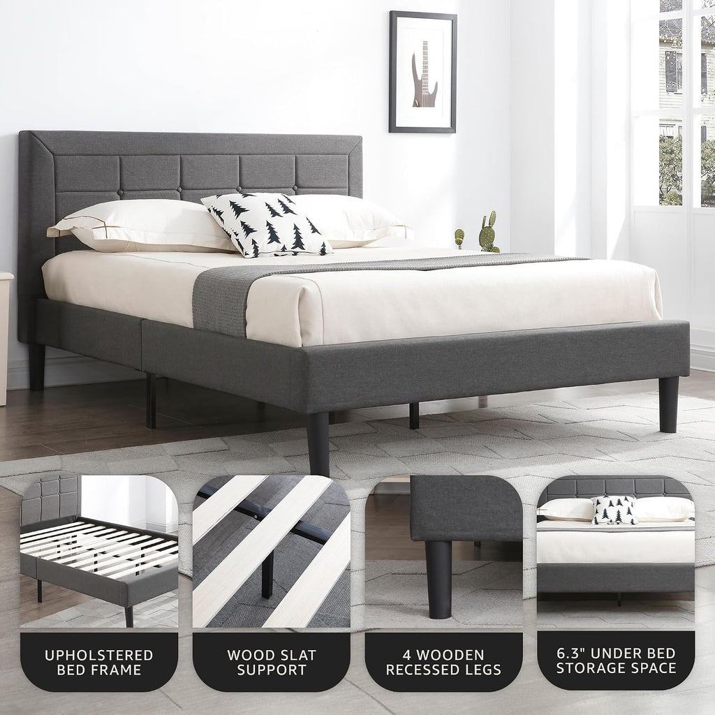 Decoro Mornington Upholstered 2.0 Platform Bed, Button-Tufted Fabric Headboard and Metal Frame with Wood Slat Support, Dark Grey, Queen