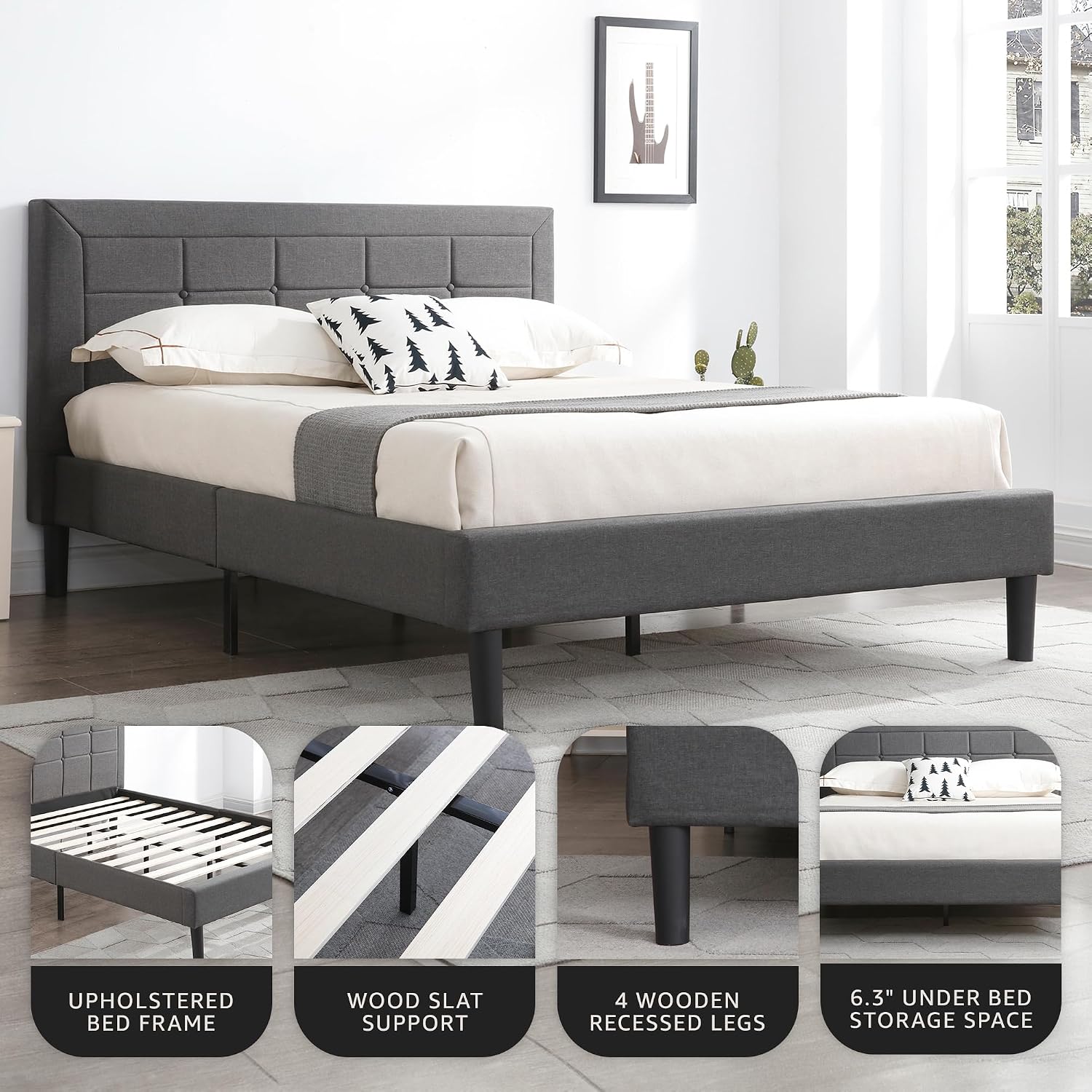 Decoro Mornington Upholstered 2.0 Platform Bed, Button-Tufted Fabric Headboard and Metal Frame with Wood Slat Support, Dark Grey, Queen