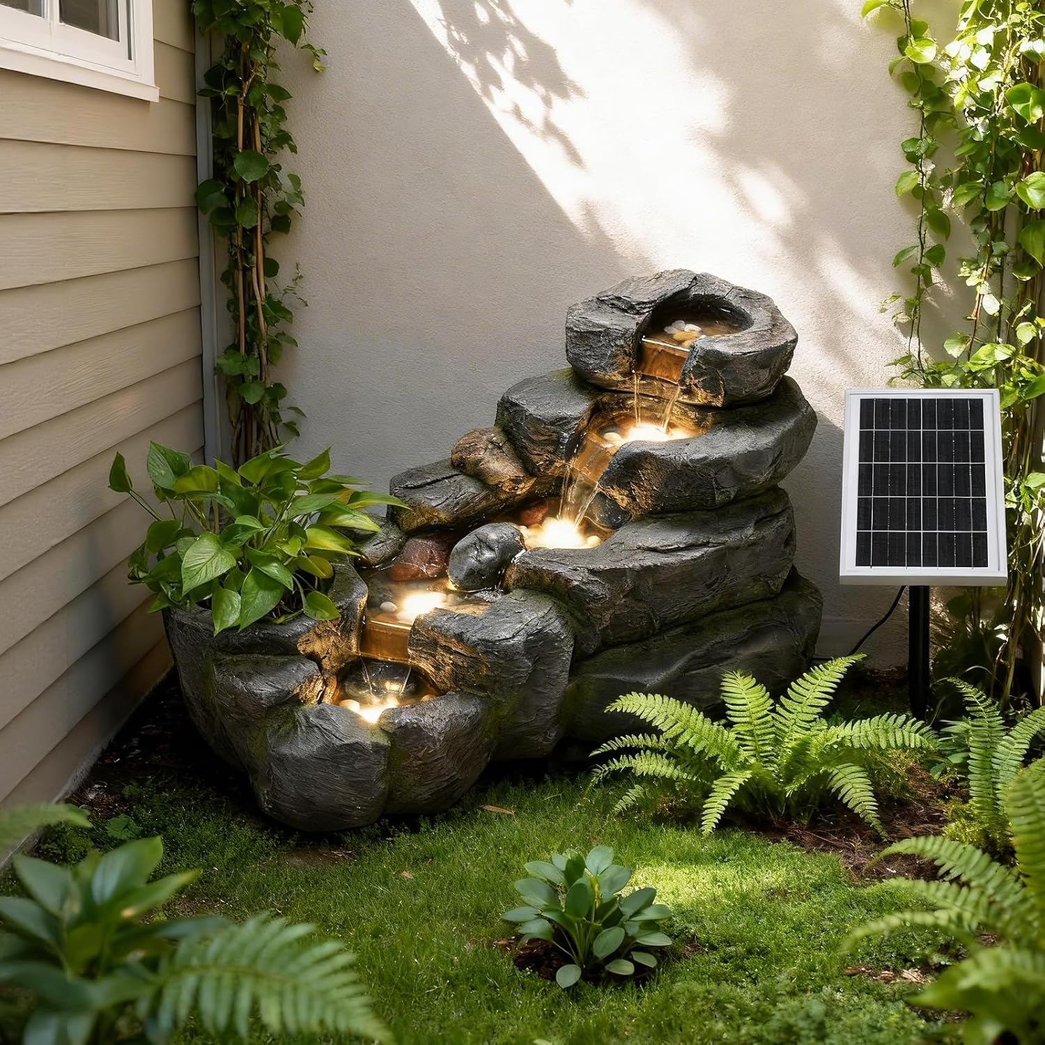 38.2' L Solar Water Fountain Outdoor Garden 5 Tiers Floor Standing Rock Natural Waterfall Outdoor Fountains with LED Lights and Planting Pot for Patio, Porch,Backyard,Home Art Decor